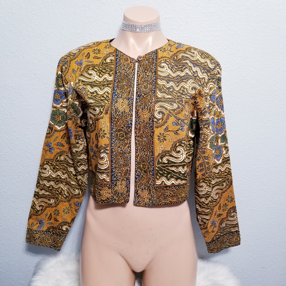 Vintage 80s 90s Pier 1 beaded ethnic hippie boho crop jacket MEDIUM